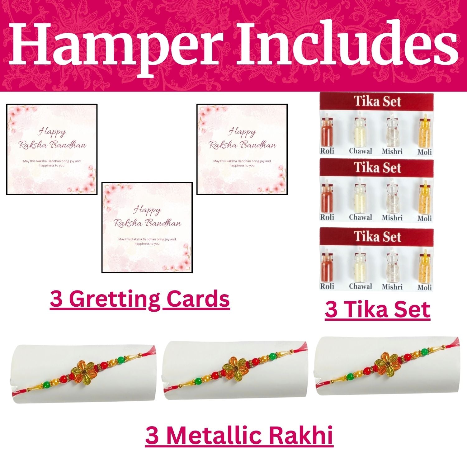 Set Of 3 Rakhi For Brother With 3 Roli, Chawal, Tika Set And 3 Greeting