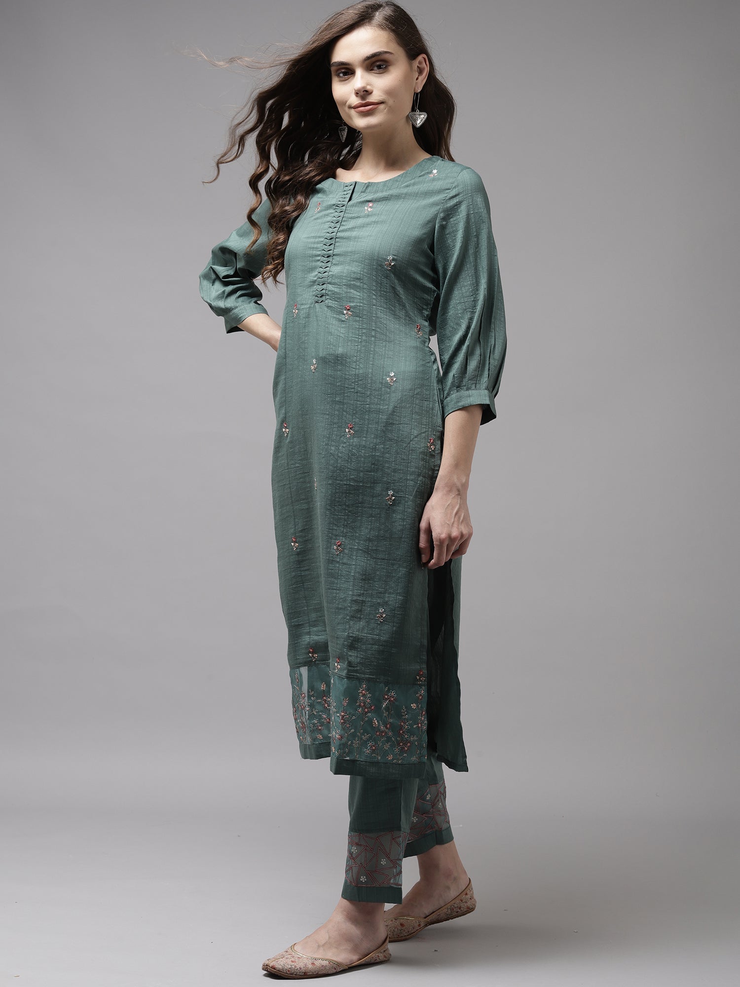 Women's Sea Green Poly Chiffon Kurta Set - Taantav