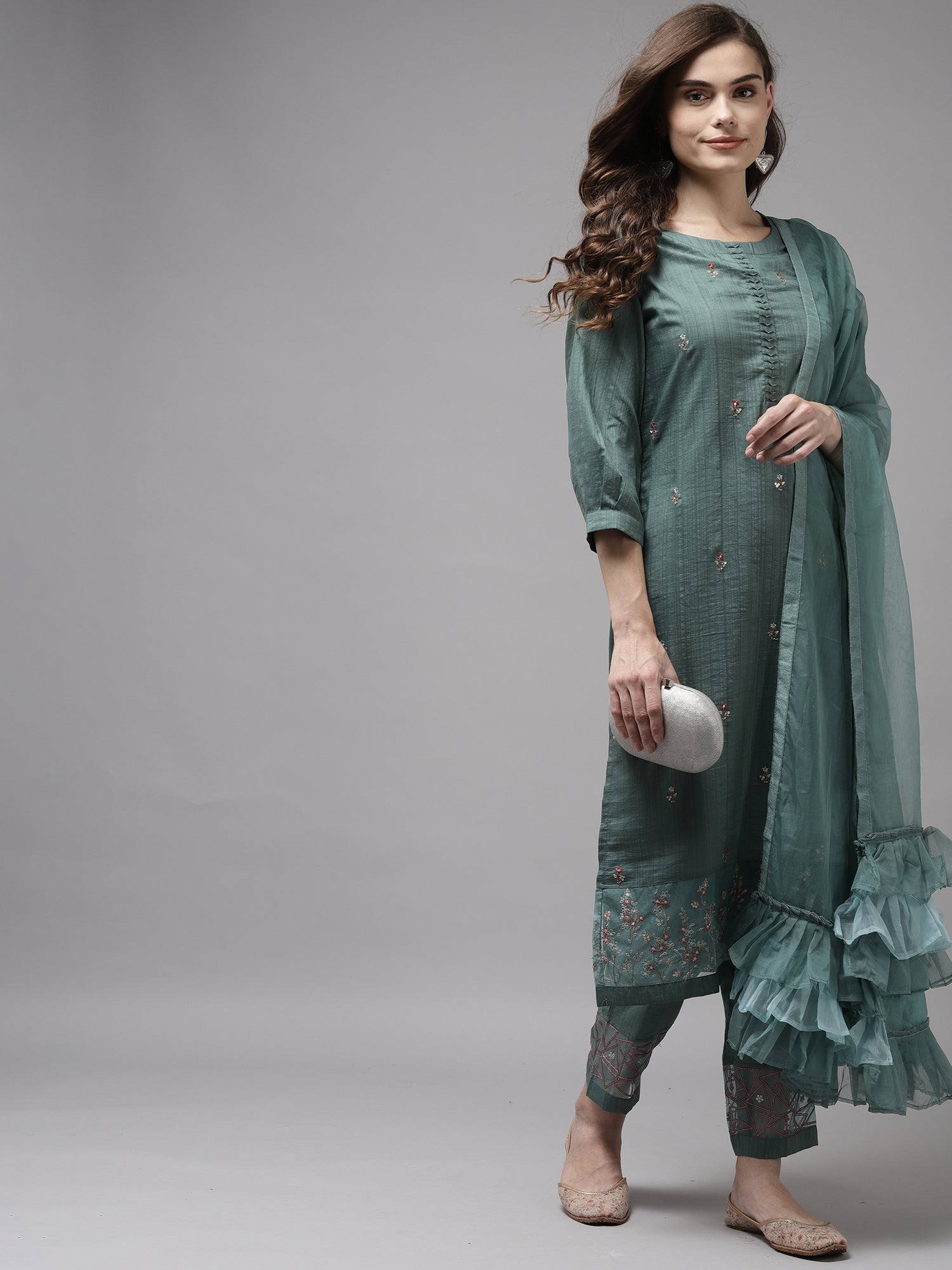 Women's Sea Green Poly Chiffon Kurta Set - Taantav