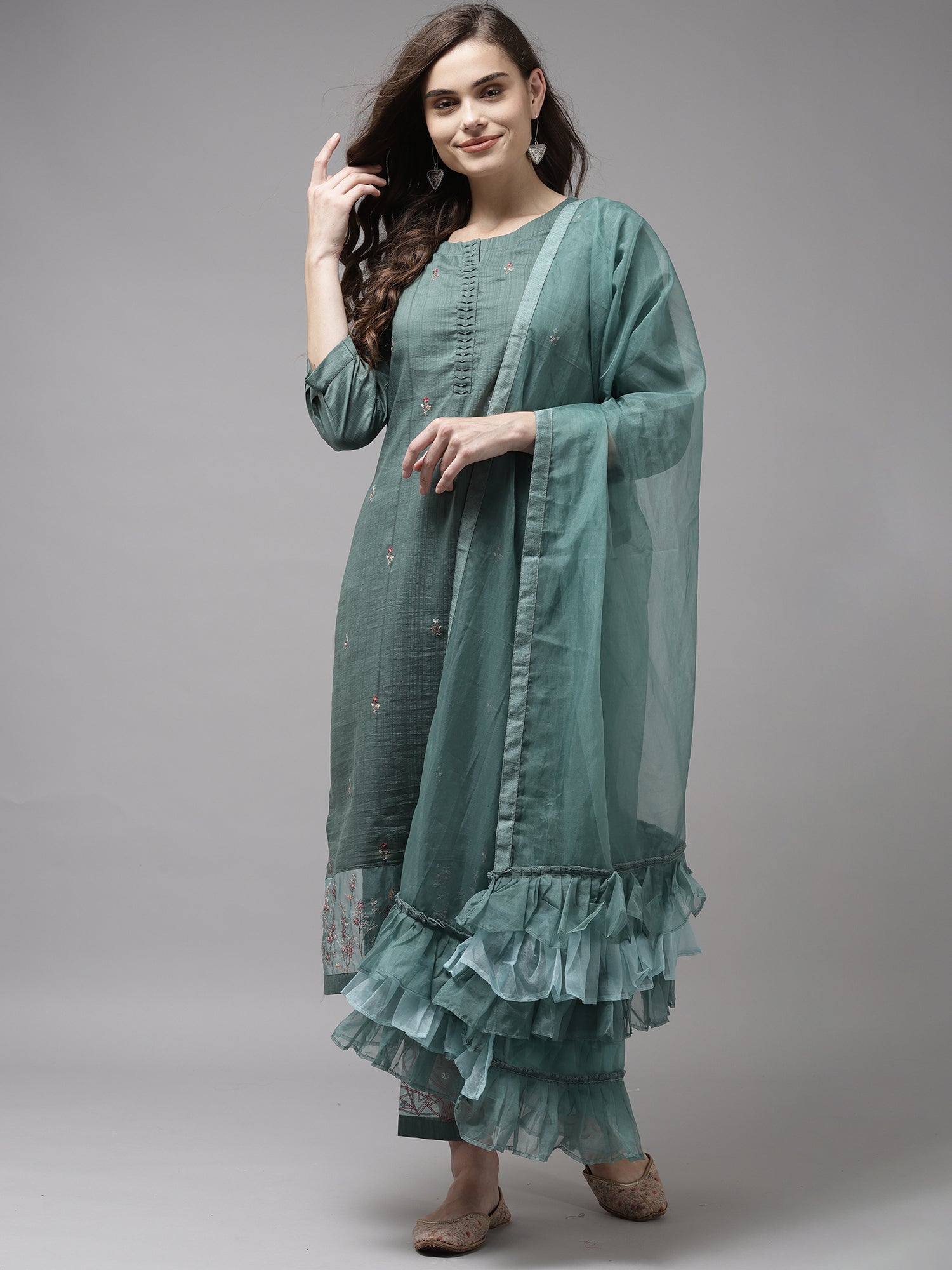 Women's Sea Green Poly Chiffon Kurta Set - Taantav