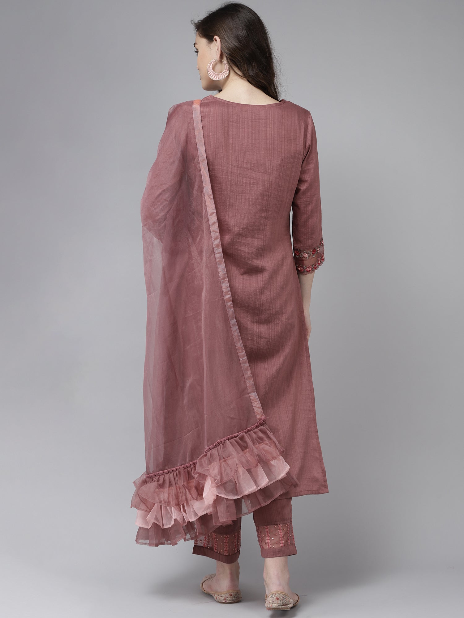 Women's Peach Poly Chiffon Kurta Set - Taantav