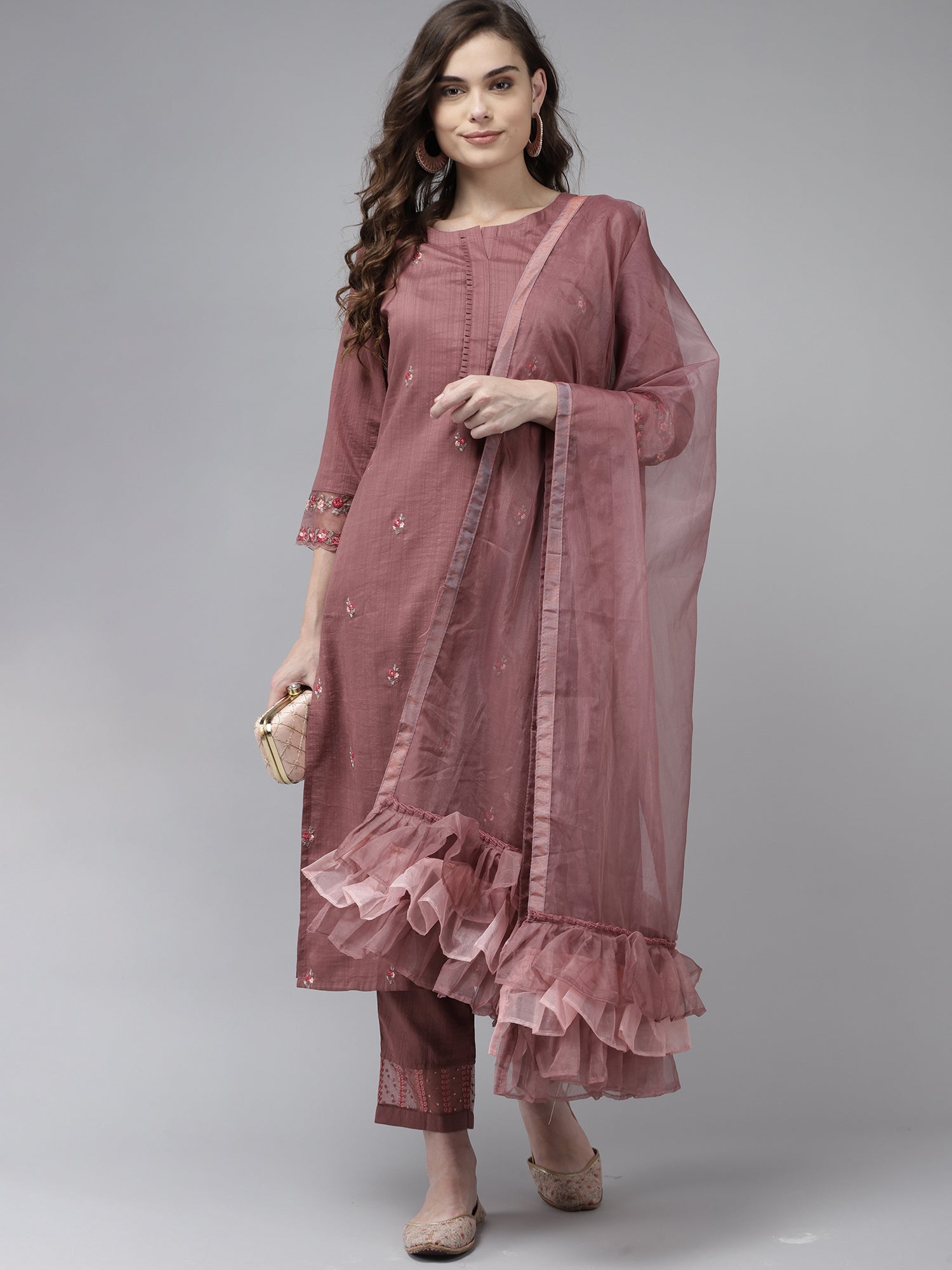 Women's Peach Poly Chiffon Kurta Set - Taantav