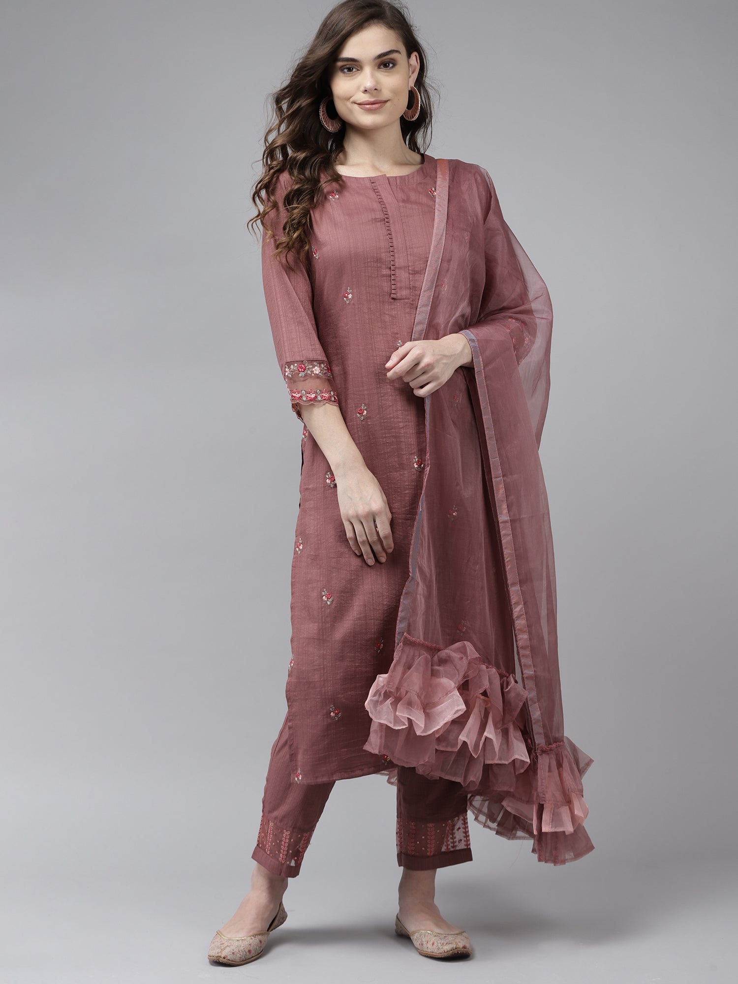 Women's Peach Poly Chiffon Kurta Set - Taantav