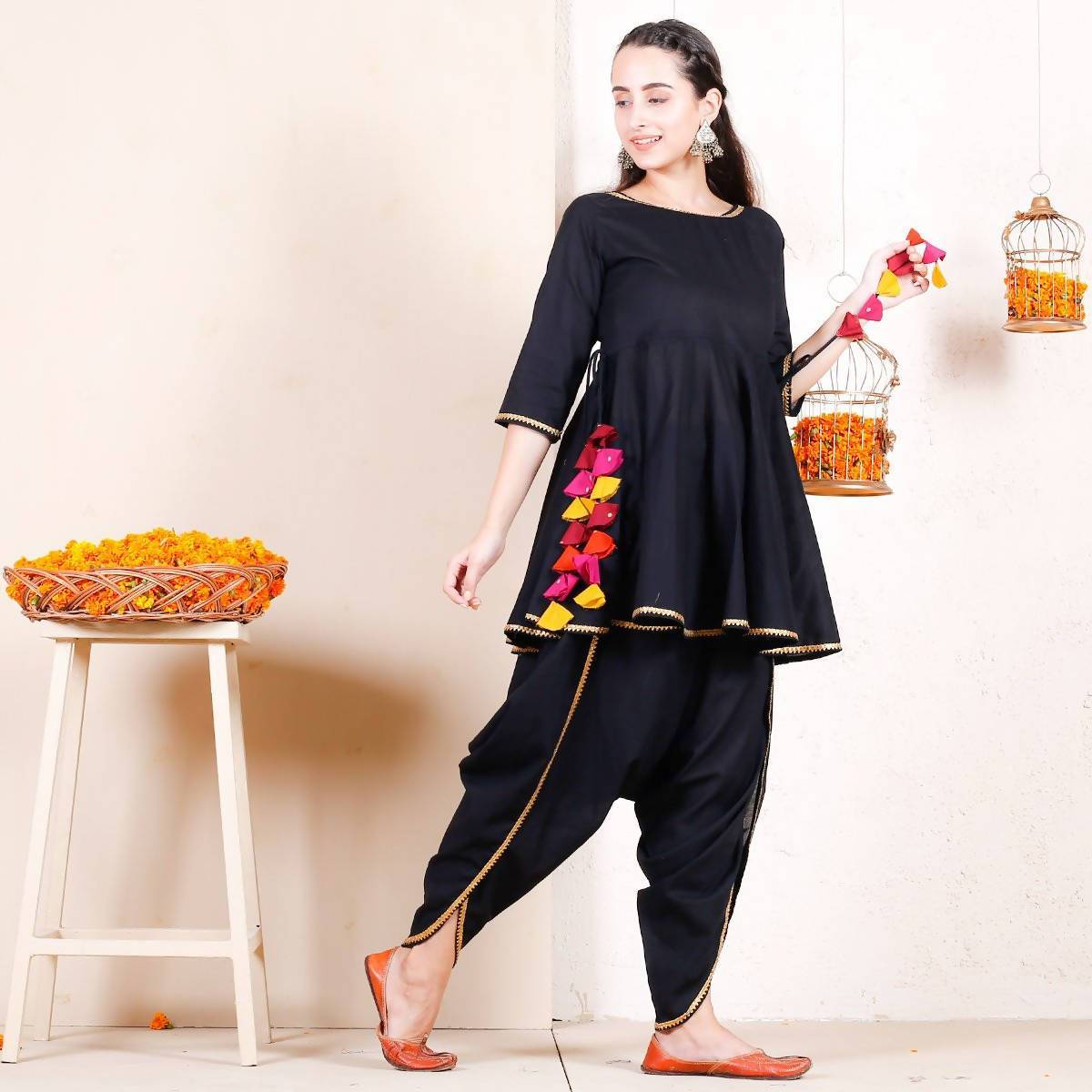 Women's Black Dhoti Peplum Top Set With Multicolour Tassels