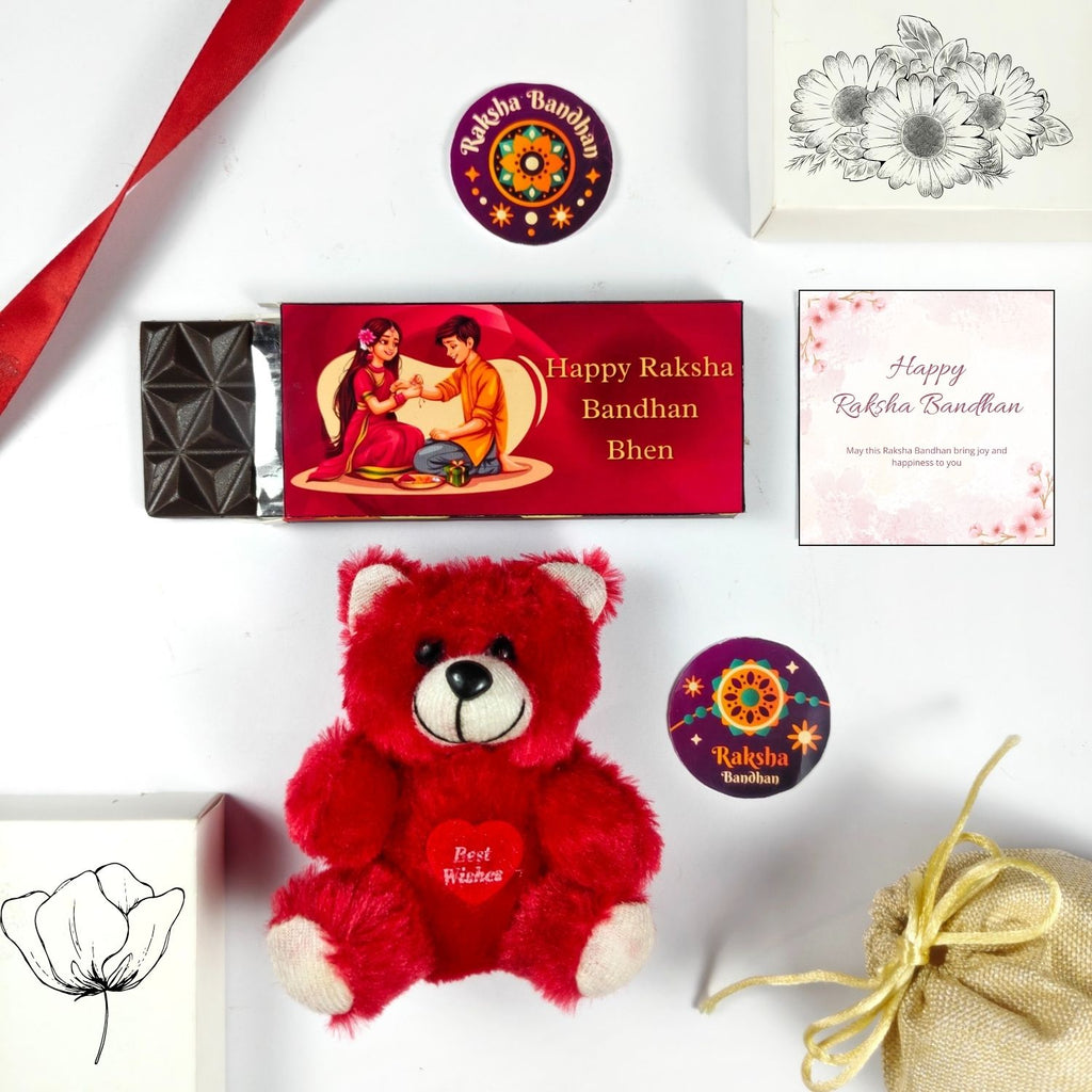 Unique Rakhi Gift Hamper For Sister With 35G Chocolate Bar, Jute Potli, Teddy And Greeting Card | Special Raksha Bandhan Gift For Sis