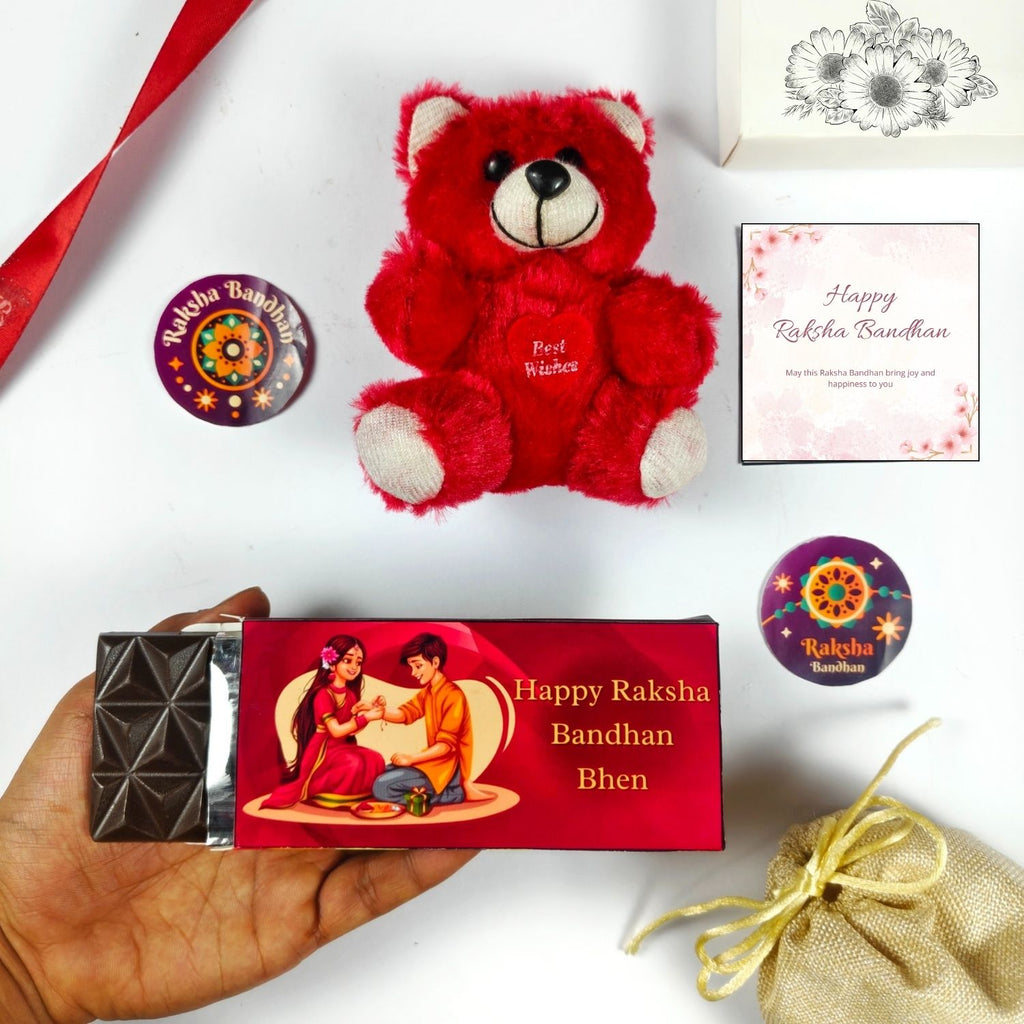 Unique Rakhi Gift Hamper For Sister With 35G Chocolate Bar, Jute Potli, Teddy And Greeting Card | Special Raksha Bandhan Gift For Sis