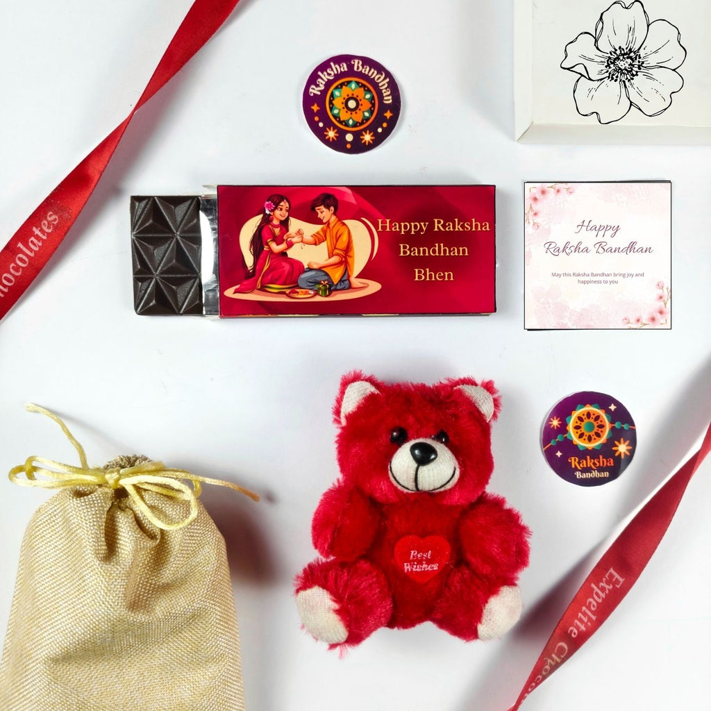 Unique Rakhi Gift Hamper For Sister With 35G Chocolate Bar, Jute Potli, Teddy And Greeting Card | Special Raksha Bandhan Gift For Sis