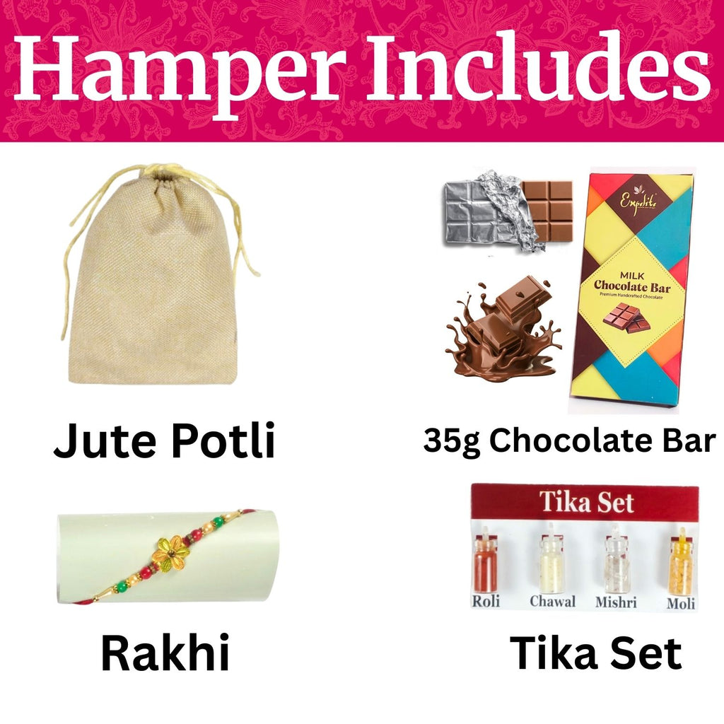 Rakhi Gift Set For Brother With 35G Chocolate Bar, Greeting Card, Jute Potli And Tika Set |Unique Raksha Bandhan Gift For