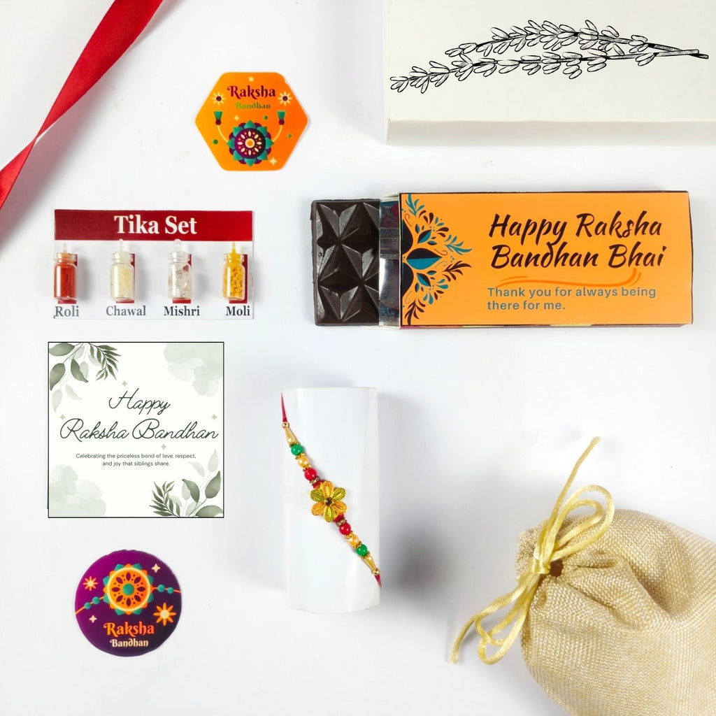 Rakhi Gift Set For Brother With 35G Chocolate Bar, Greeting Card, Jute Potli And Tika Set |Unique Raksha Bandhan Gift For