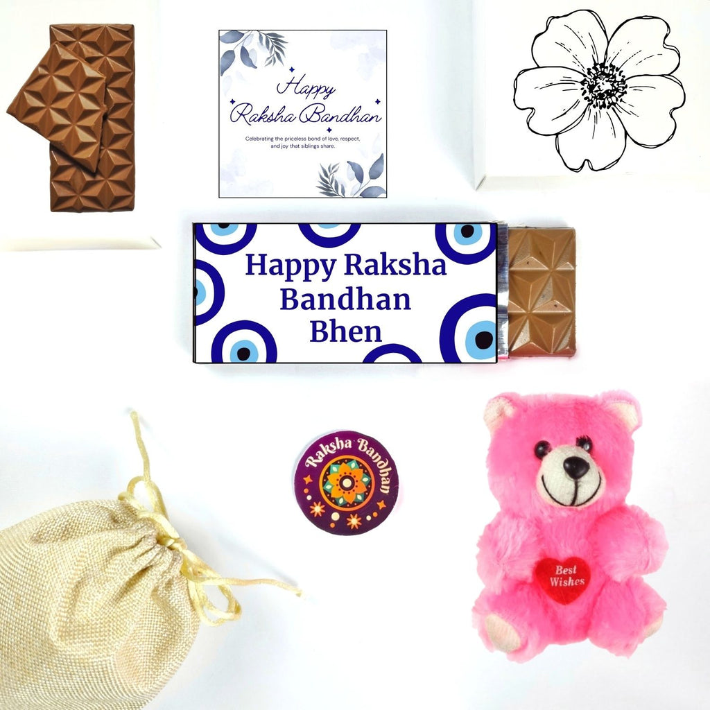 Unique Rakshabandhan Chocolate Combo For Sister With Evil Eye Theme 35G Chocolate Bar , Teddy And Greeting Card | Best Gift For Sister