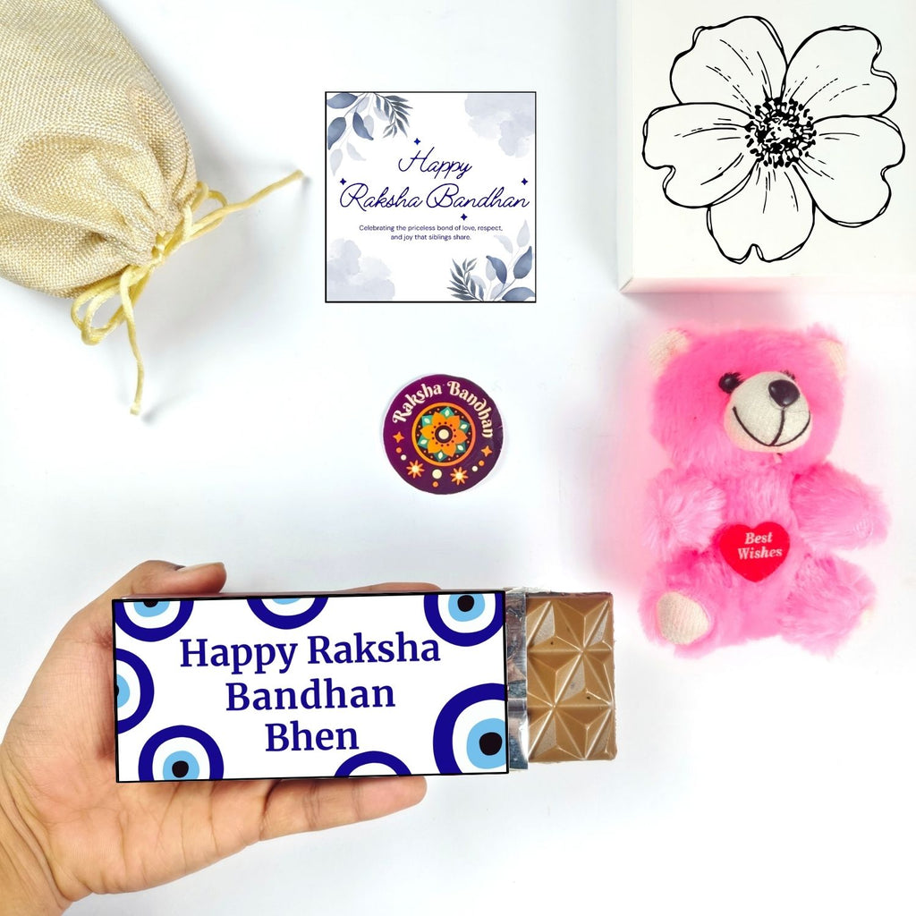 Unique Rakshabandhan Chocolate Combo For Sister With Evil Eye Theme 35G Chocolate Bar , Teddy And Greeting Card | Best Gift For Sister