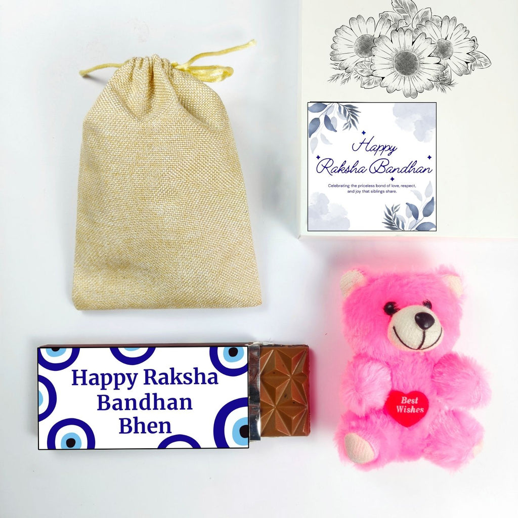 Unique Rakshabandhan Chocolate Combo For Sister With Evil Eye Theme 35G Chocolate Bar , Teddy And Greeting Card | Best Gift For Sister