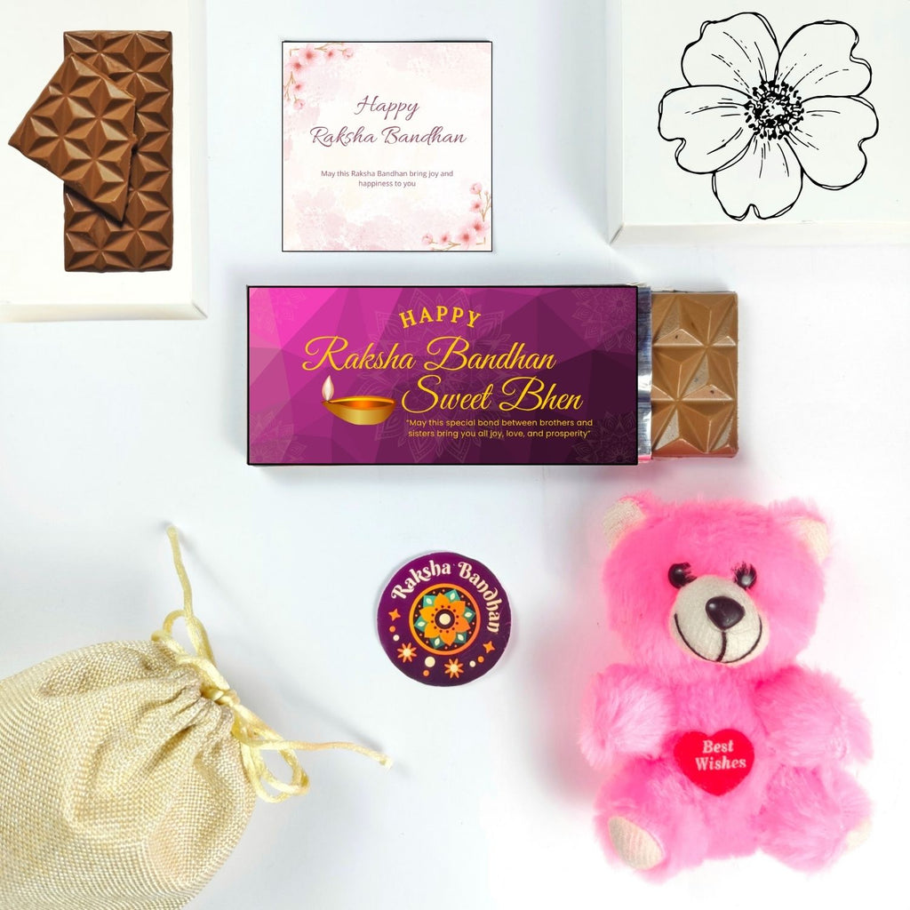 Unique Rakshabandhan Chocolate Gift For Sister With Sweet Bhen Theme 35G Chocolate Bar, Teddy And Greeting Card | Best Gift For Sister