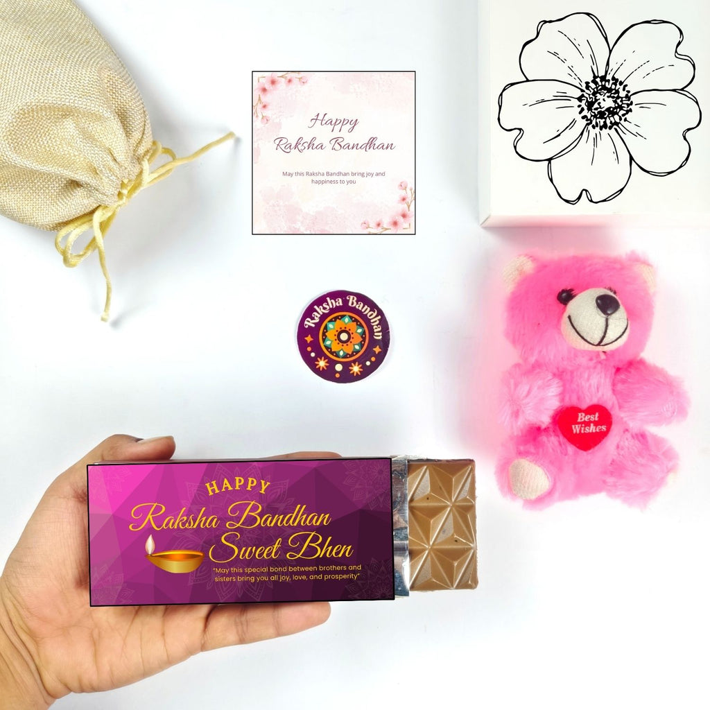 Unique Rakshabandhan Chocolate Gift For Sister With Sweet Bhen Theme 35G Chocolate Bar, Teddy And Greeting Card | Best Gift For Sister