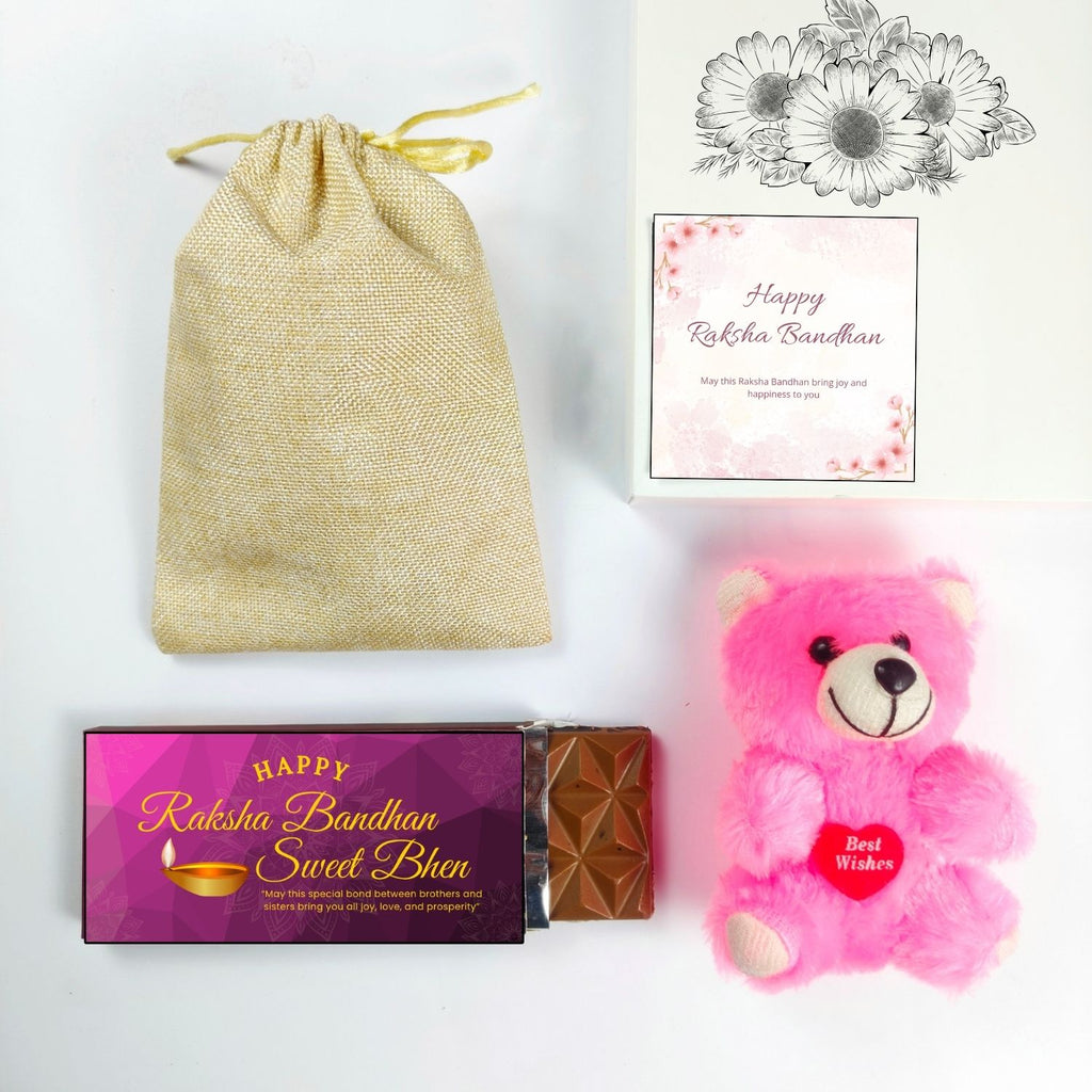 Unique Rakshabandhan Chocolate Gift For Sister With Sweet Bhen Theme 35G Chocolate Bar, Teddy And Greeting Card | Best Gift For Sister