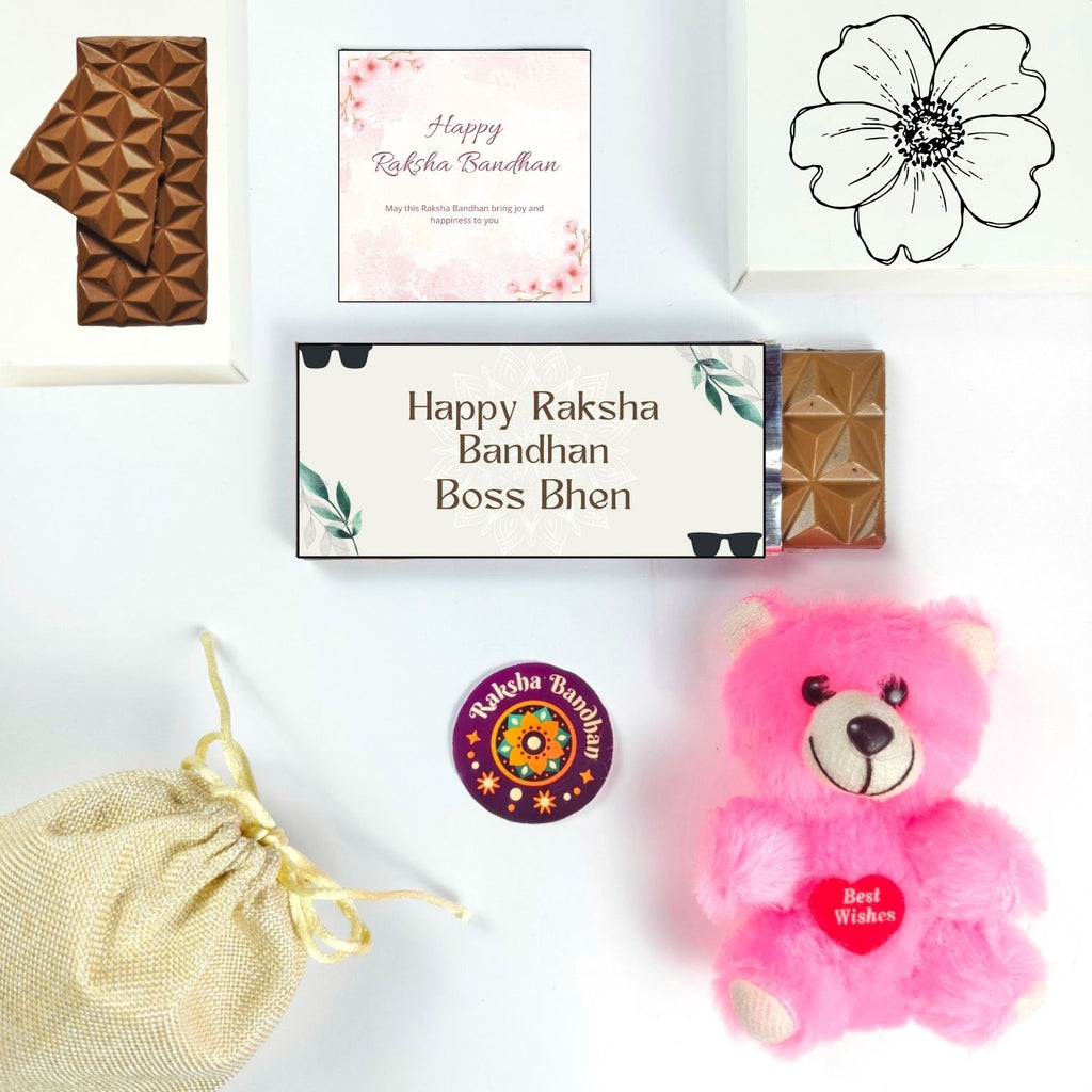 Unique Rakhi Chocolate Combo For Sister With Boss Bhen Theme 35G Chocolate Bar, Teddy And Greeting Card | Best Gift For Sister