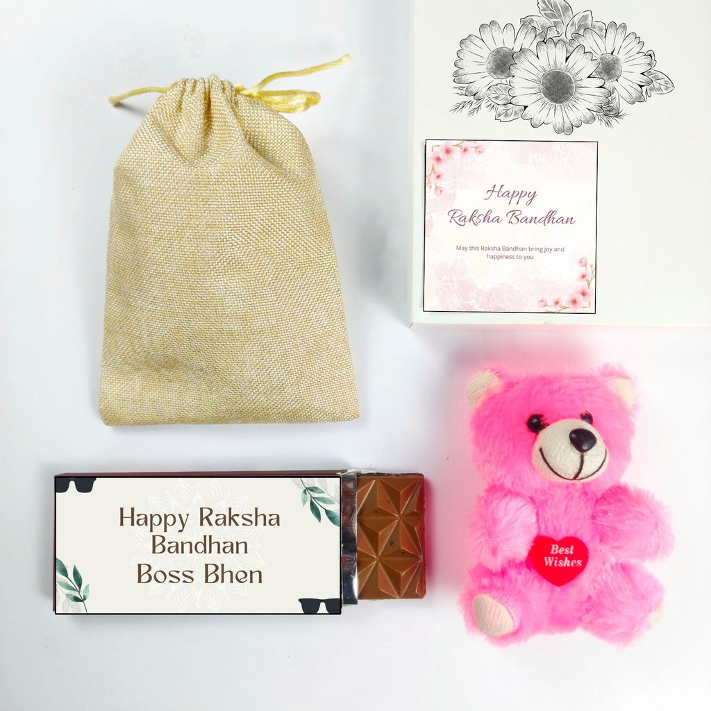 Unique Rakhi Chocolate Combo For Sister With Boss Bhen Theme 35G Chocolate Bar, Teddy And Greeting Card | Best Gift For Sister