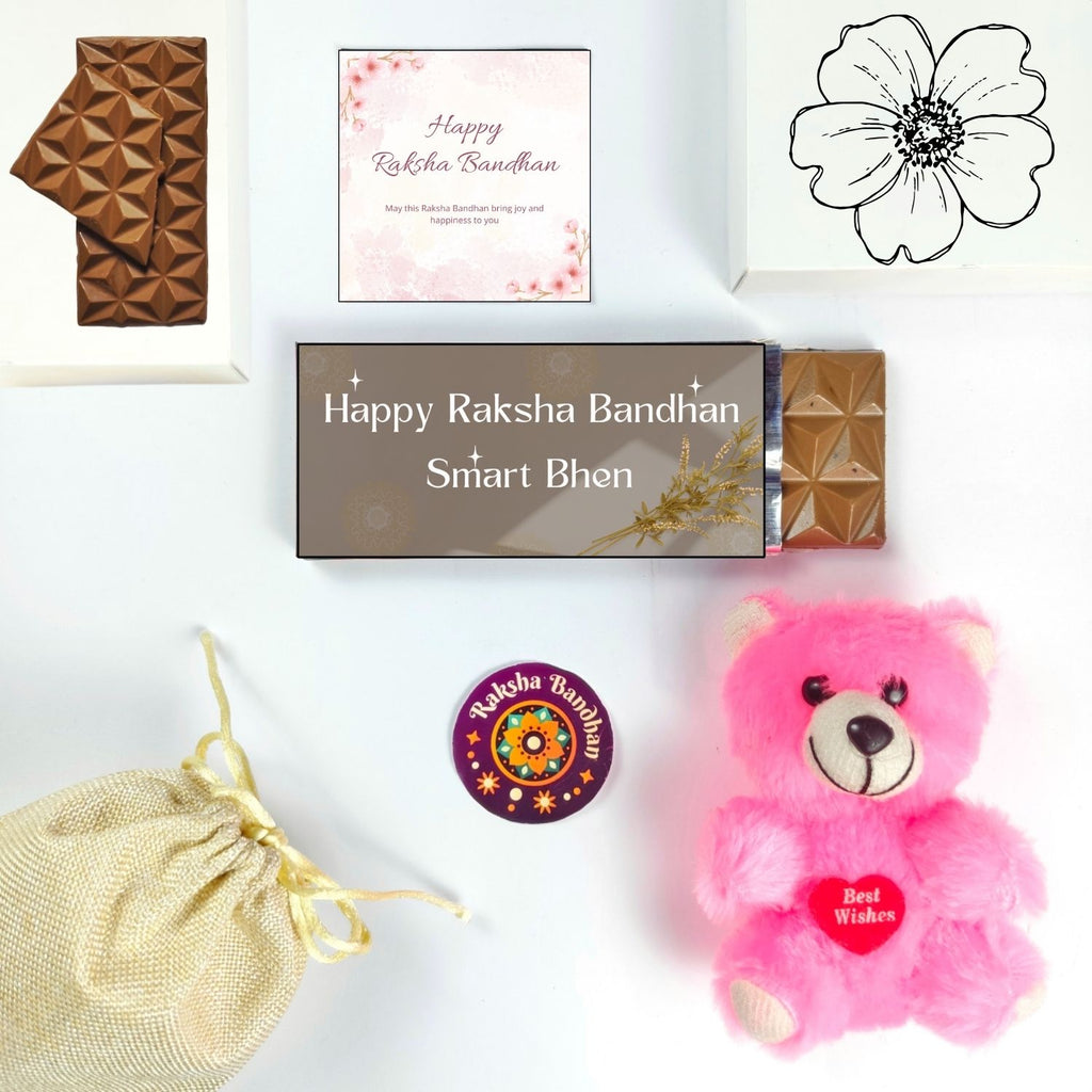 Rakhi Hamper For Sister With Smart Bhen Theme 35G Chocolate Bar, Teddy And Greeting Card | Best For Sister