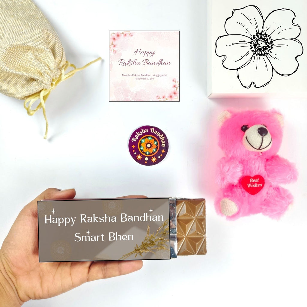 Rakhi Hamper For Sister With Smart Bhen Theme 35G Chocolate Bar, Teddy And Greeting Card | Best For Sister