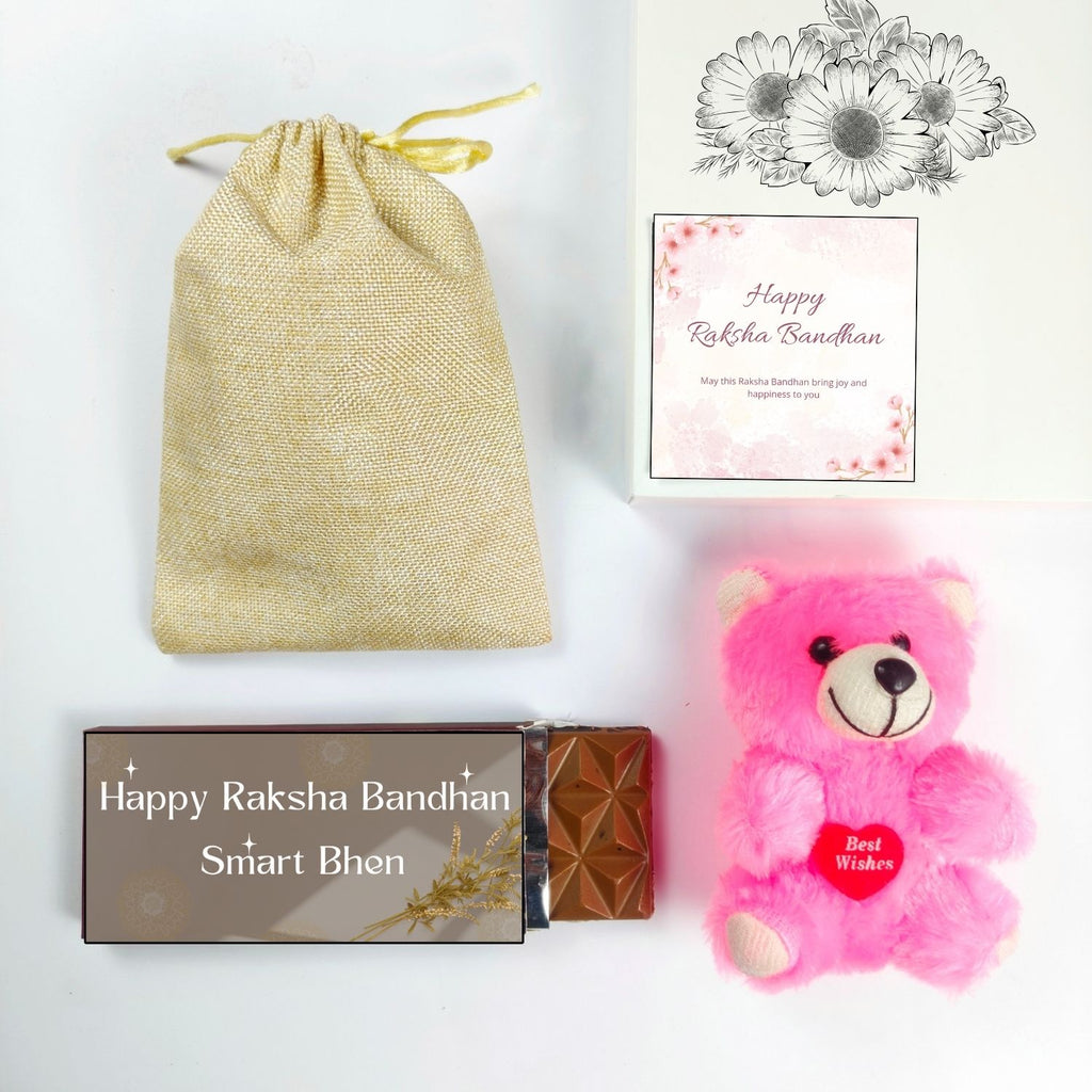 Rakhi Hamper For Sister With Smart Bhen Theme 35G Chocolate Bar, Teddy And Greeting Card | Best For Sister