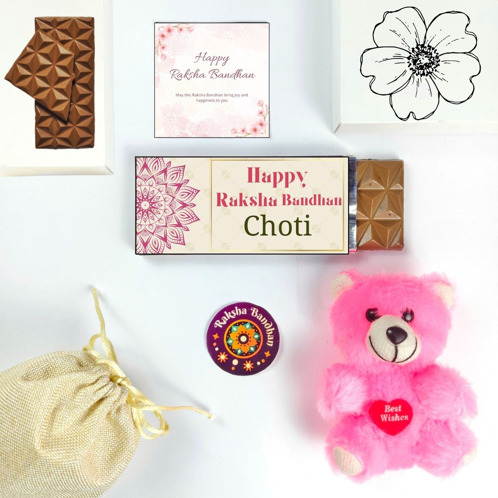 Unique Raksha Bandhan Hamper For Sister With Choti Theme 35G Chocolate Bar,Teddy And Greeting Card | Best For Sister