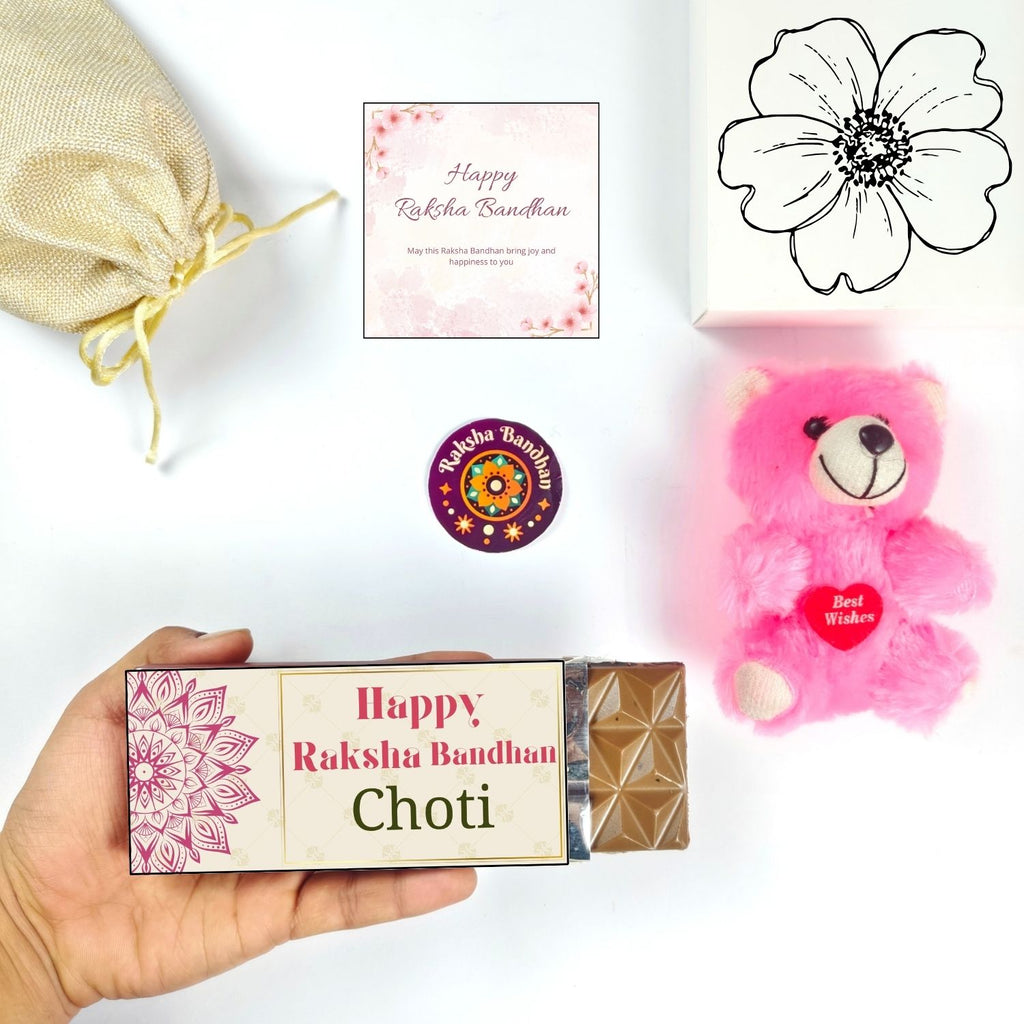 Unique Raksha Bandhan Hamper For Sister With Choti Theme 35G Chocolate Bar,Teddy And Greeting Card | Best For Sister