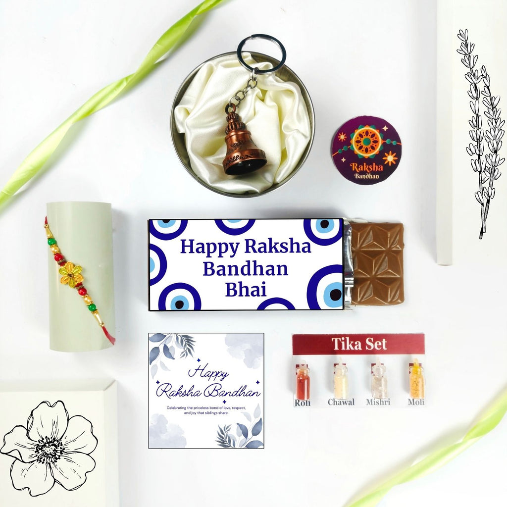 Best Rakshabandhan Chocolate Hamper For Bhai With Rakhi, Tika Set, Guardian Bell, Greeting Card And Evil Eye Theme 35G Chocolate Bar |Rakhi Theme Hamper For Bhai