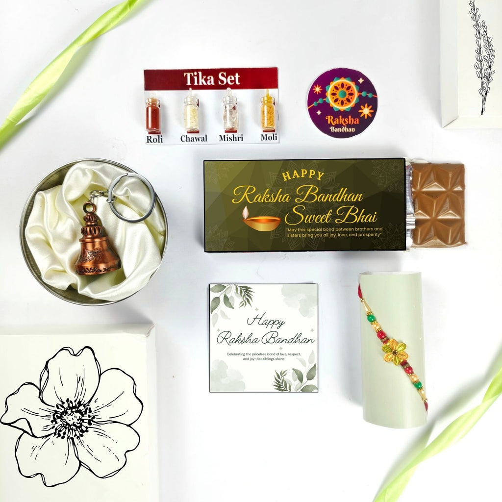 Best Rakhi Chocolate Combo For Bhai With Rakhi, Tika Set, Guardian Bell, Greeting Card And Sweet Bhai Theme 35G Chocolate Bar |Rakhi Theme Hamper For Bhai