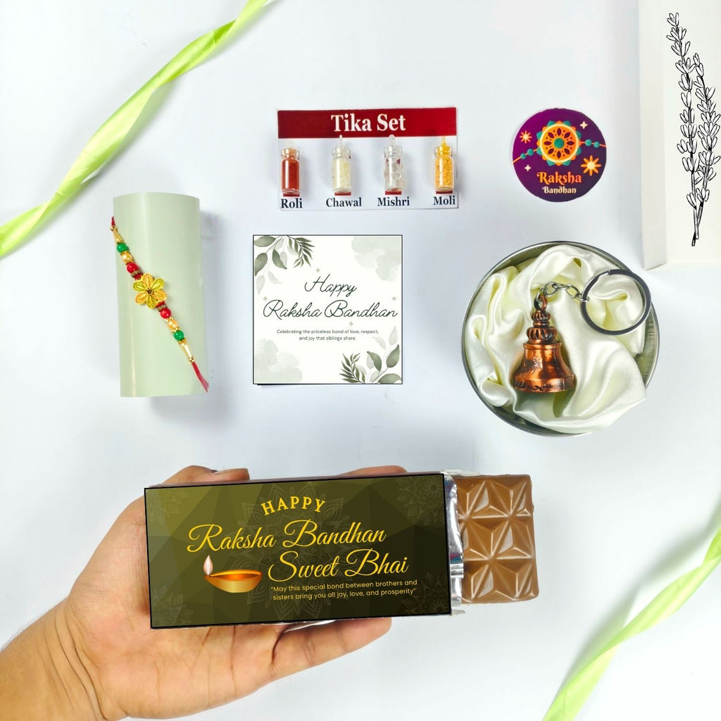 Best Rakhi Chocolate Combo For Bhai With Rakhi, Tika Set, Guardian Bell, Greeting Card And Sweet Bhai Theme 35G Chocolate Bar |Rakhi Theme Hamper For Bhai