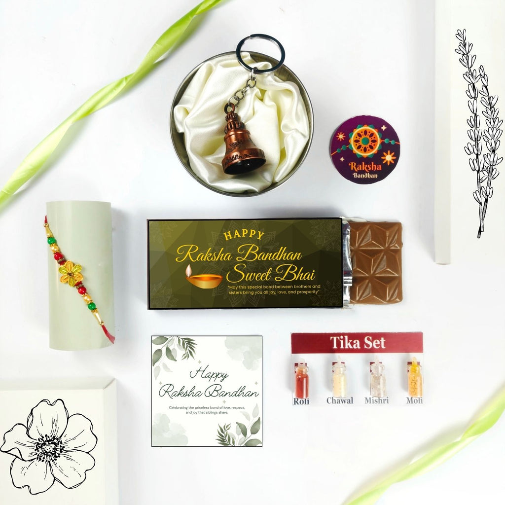 Best Rakhi Chocolate Combo For Bhai With Rakhi, Tika Set, Guardian Bell, Greeting Card And Sweet Bhai Theme 35G Chocolate Bar |Rakhi Theme Hamper For Bhai
