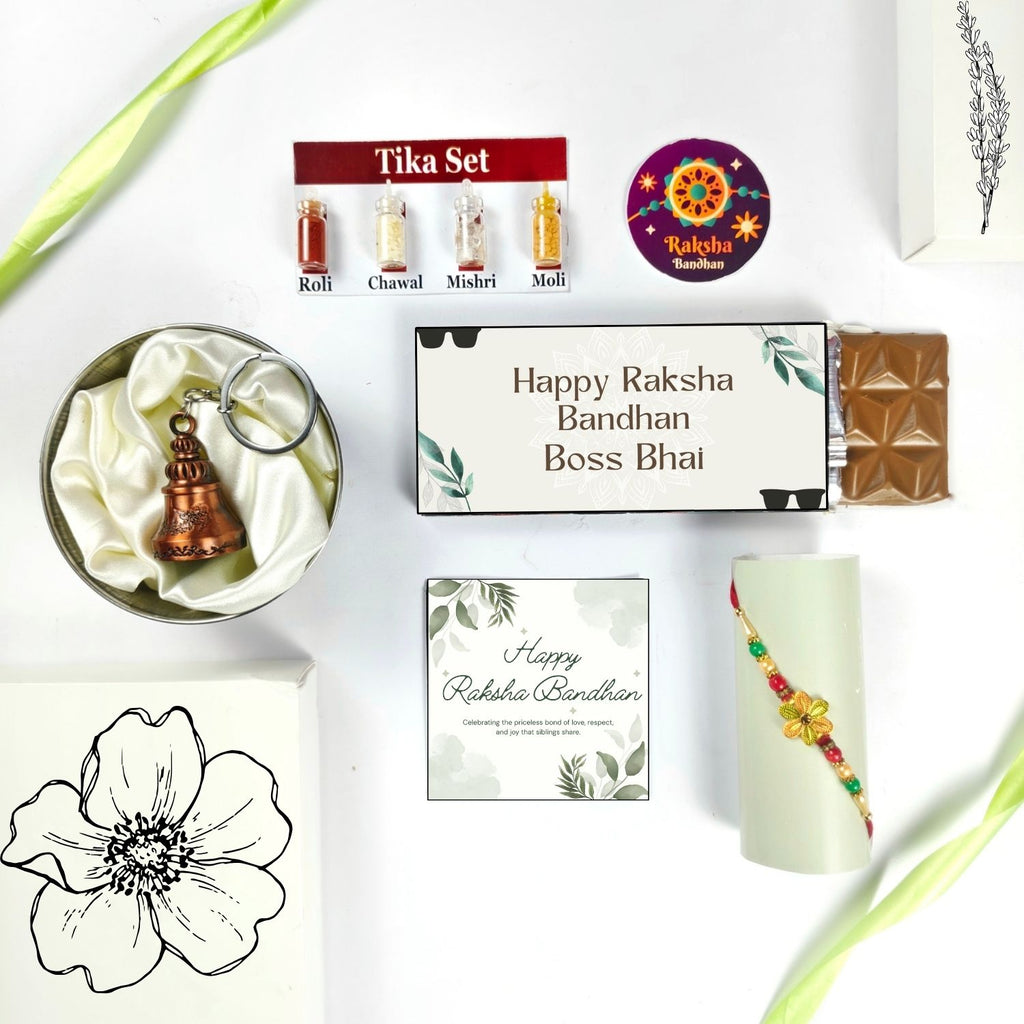 Best Rakhi Chocolate Combo For Bhai With Rakhi, Tika Set, Guardian Bell, Greeting Card And Boss Bhai Theme 35G Chocolate Bar |Rakhi Gift Hamper For Bhai