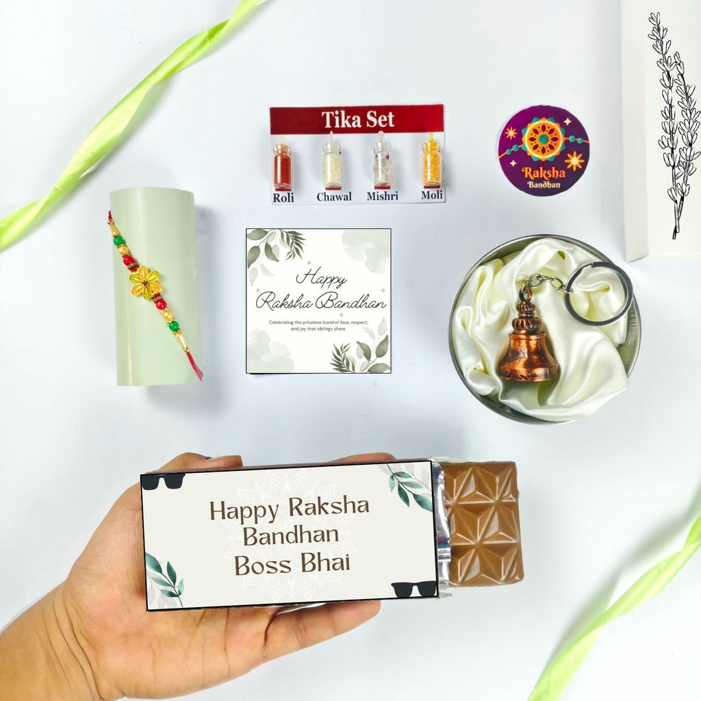 Best Rakhi Chocolate Combo For Bhai With Rakhi, Tika Set, Guardian Bell, Greeting Card And Boss Bhai Theme 35G Chocolate Bar |Rakhi Gift Hamper For Bhai