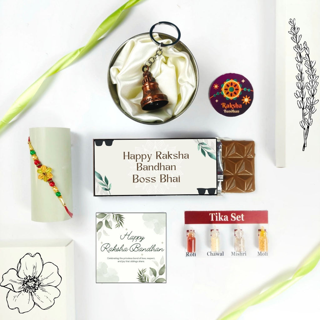 Best Rakhi Chocolate Combo For Bhai With Rakhi, Tika Set, Guardian Bell, Greeting Card And Boss Bhai Theme 35G Chocolate Bar |Rakhi Gift Hamper For Bhai