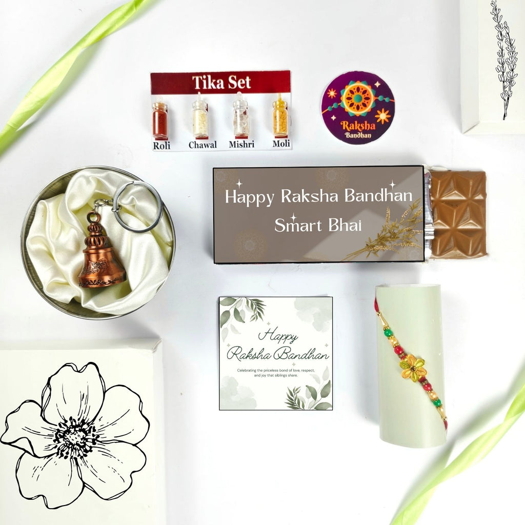 Best Rakhi Chocolate Combo For Bhai With Rakhi, Tika Set, Guardian Bell, Greeting Card And Smart Bhai Theme 35G Chocolate Bar |Rakshabandhan Theme Hamper For Bhai