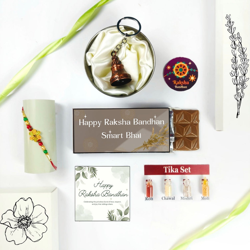 Best Rakhi Chocolate Combo For Bhai With Rakhi, Tika Set, Guardian Bell, Greeting Card And Smart Bhai Theme 35G Chocolate Bar |Rakshabandhan Theme Hamper For Bhai
