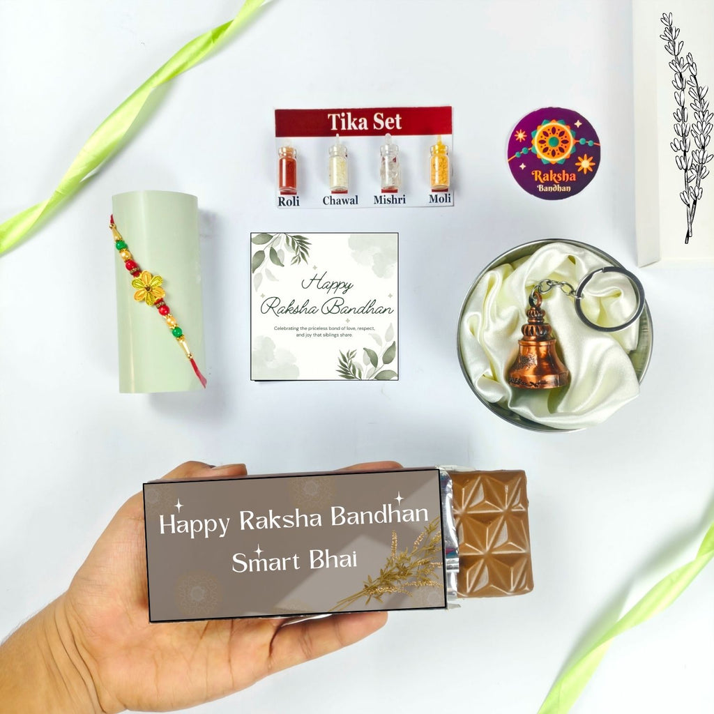 Best Rakhi Chocolate Combo For Bhai With Rakhi, Tika Set, Guardian Bell, Greeting Card And Smart Bhai Theme 35G Chocolate Bar |Rakshabandhan Theme Hamper For Bhai