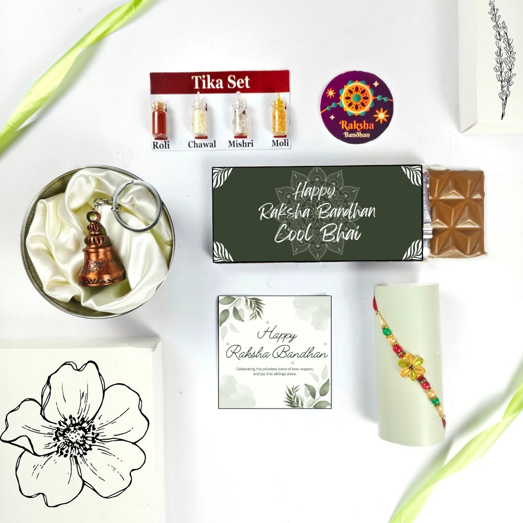 Best Rakshabandhan Chocolate Gift For Bhai With Rakhi, Tika Set, Guardian Bell, Greeting Card And Cool Bhai Theme 35G Chocolate Bar |Best Rakhi Theme Hamper For Bhai