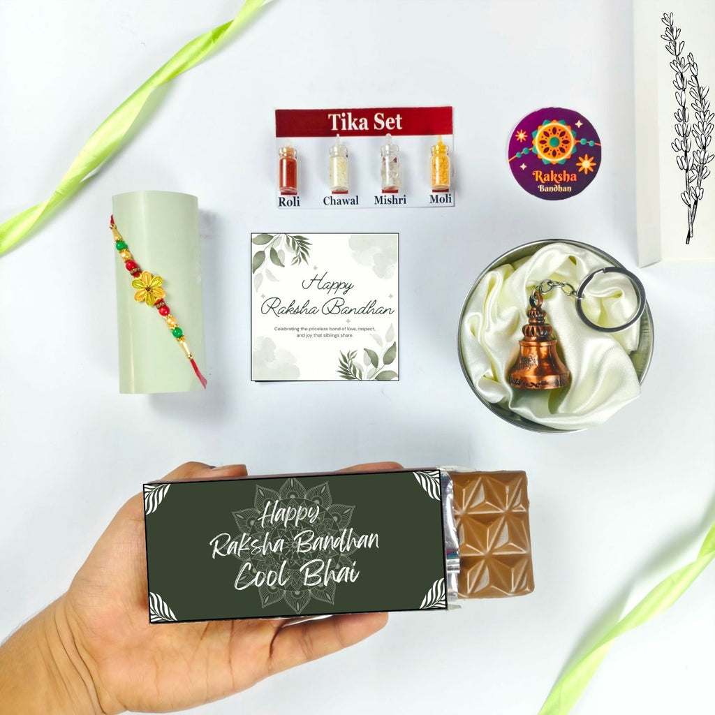 Best Rakshabandhan Chocolate Gift For Bhai With Rakhi, Tika Set, Guardian Bell, Greeting Card And Cool Bhai Theme 35G Chocolate Bar |Best Rakhi Theme Hamper For Bhai