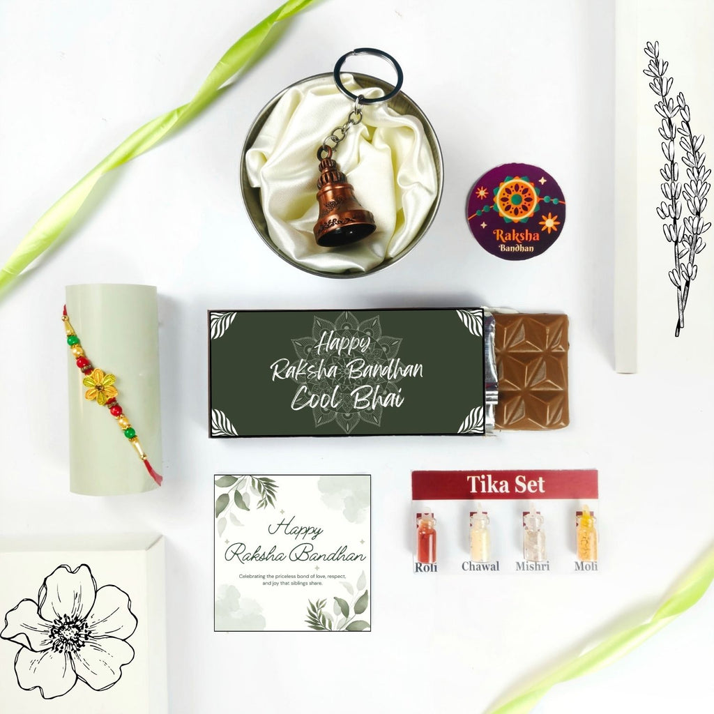 Best Rakshabandhan Chocolate Gift For Bhai With Rakhi, Tika Set, Guardian Bell, Greeting Card And Cool Bhai Theme 35G Chocolate Bar |Best Rakhi Theme Hamper For Bhai