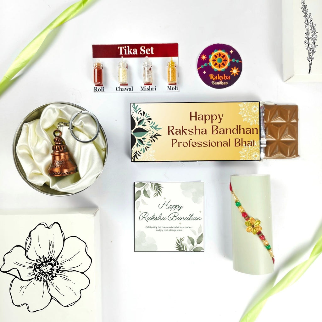 Best Rakshabandhan Chocolate Gift For Bhai With Rakhi, Tika Set, Guardian Bell, Greeting Card And Professional Bhai Theme 35G Chocolate Bar |Rakhi Theme Hamper For Brother