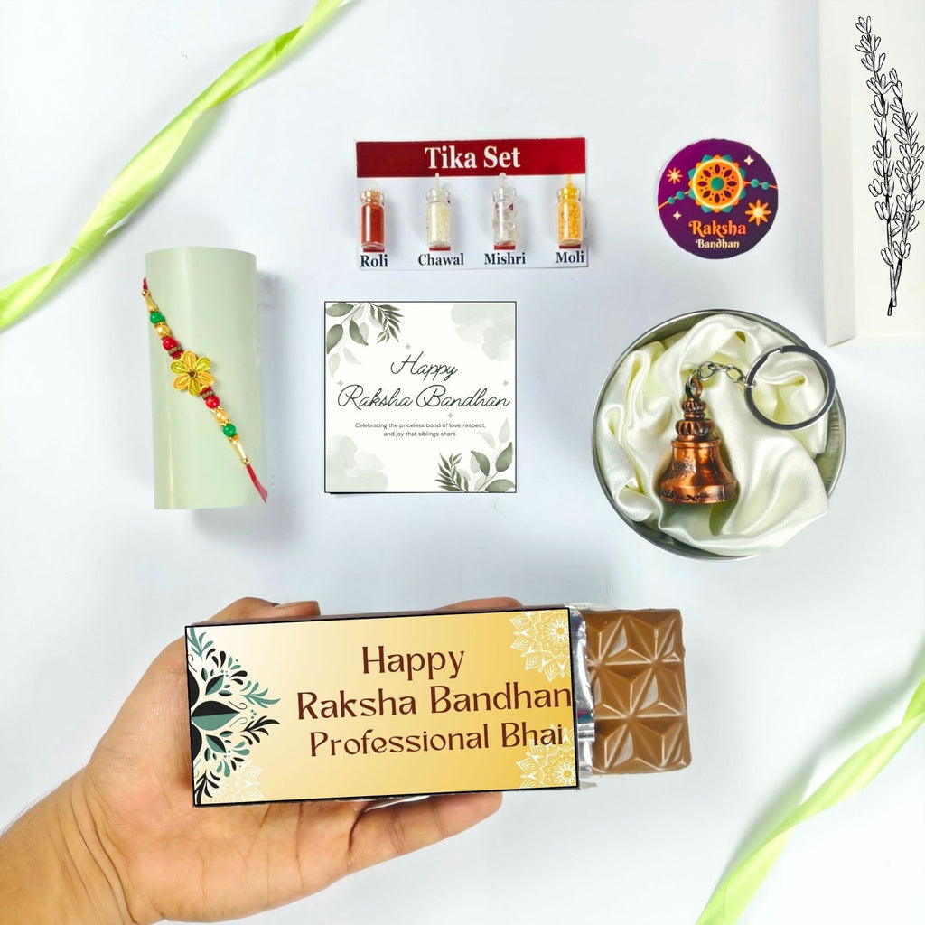 Best Rakshabandhan Chocolate Gift For Bhai With Rakhi, Tika Set, Guardian Bell, Greeting Card And Professional Bhai Theme 35G Chocolate Bar |Rakhi Theme Hamper For Brother