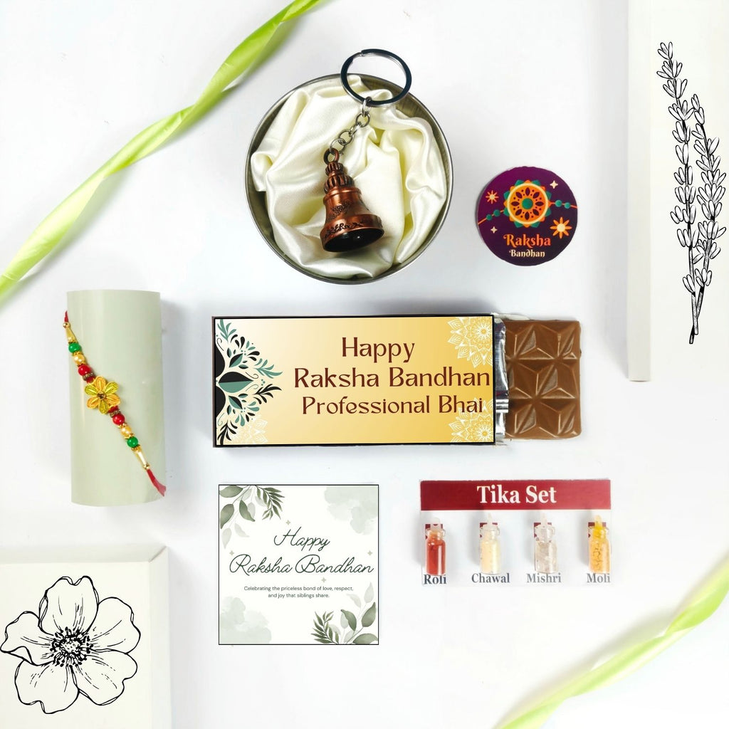 Best Rakshabandhan Chocolate Gift For Bhai With Rakhi, Tika Set, Guardian Bell, Greeting Card And Professional Bhai Theme 35G Chocolate Bar |Rakhi Theme Hamper For Brother