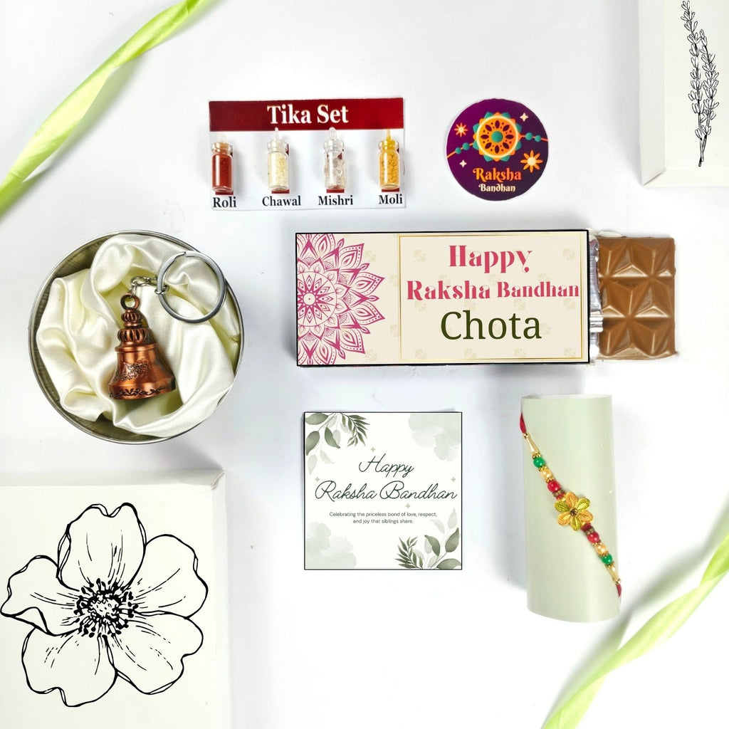 Best Rakhi Chocolate Hamper For Bhai With Rakhi, Tika Set, Guardian Bell, Greeting Card And Chota Theme 35G Chocolate Bar |Special Rakhi Chocolate Gift Theme Hamper For Bhai