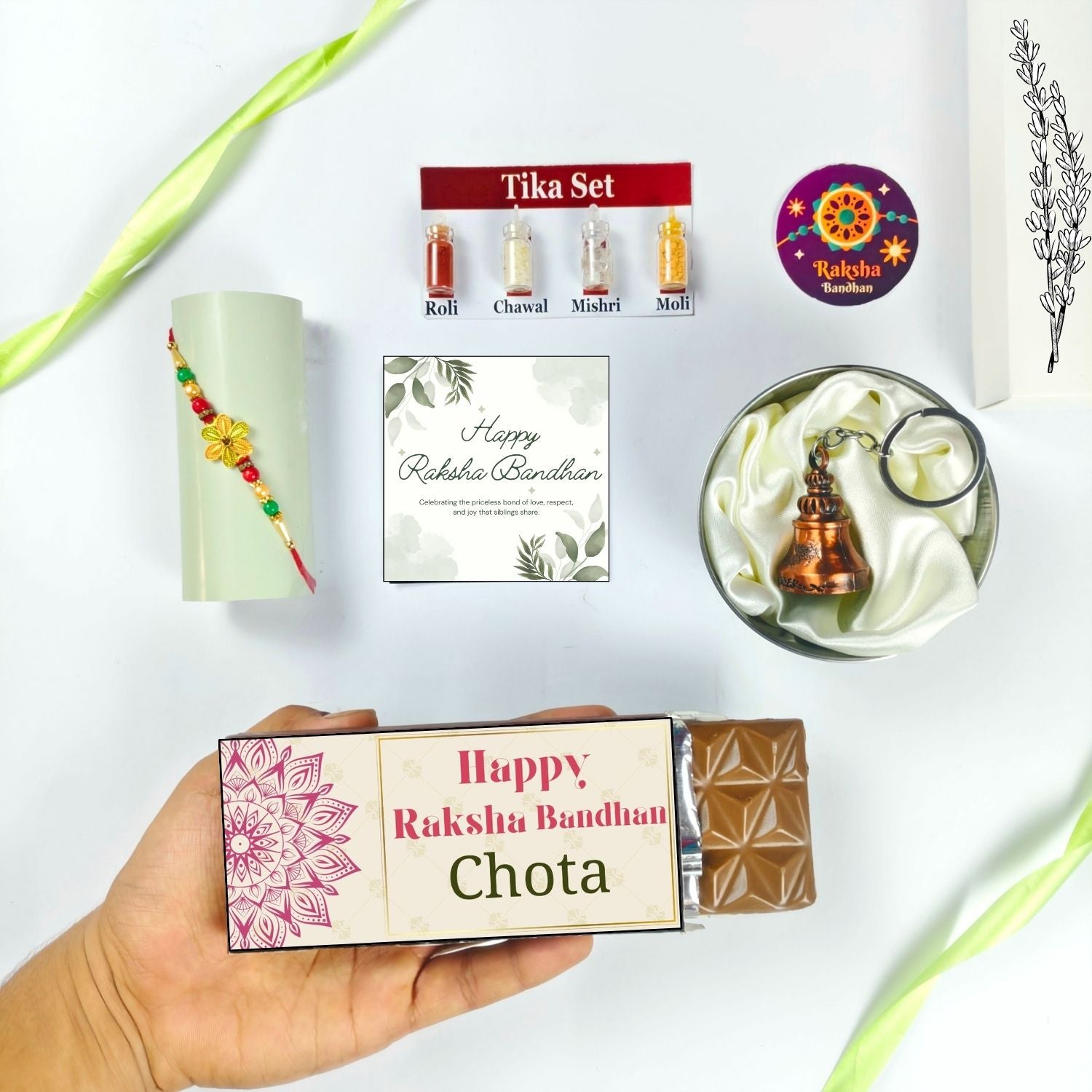 Best Rakhi Chocolate Hamper For Bhai With Rakhi, Tika Set, Guardian Bell, Greeting Card And Chota Theme 35G Chocolate Bar |Special Rakhi Chocolate Gift Theme Hamper For Bhai