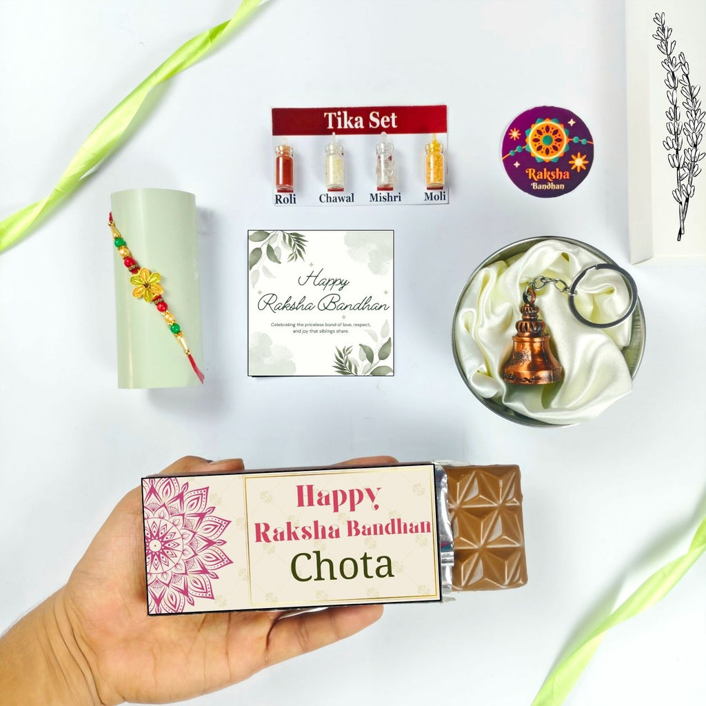 Best Rakhi Chocolate Hamper For Bhai With Rakhi, Tika Set, Guardian Bell, Greeting Card And Chota Theme 35G Chocolate Bar |Special Rakhi Chocolate Gift Theme Hamper For Bhai