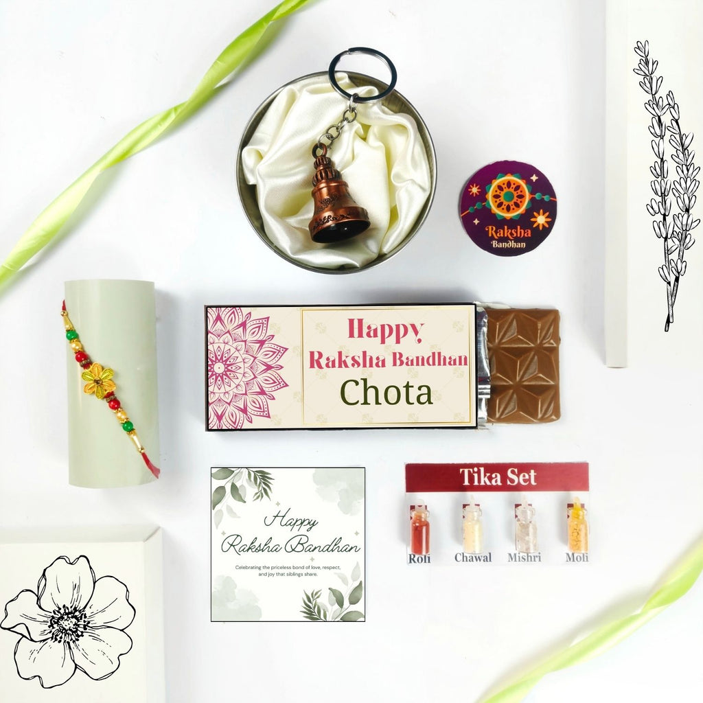 Best Rakhi Chocolate Hamper For Bhai With Rakhi, Tika Set, Guardian Bell, Greeting Card And Chota Theme 35G Chocolate Bar |Special Rakhi Chocolate Gift Theme Hamper For Bhai