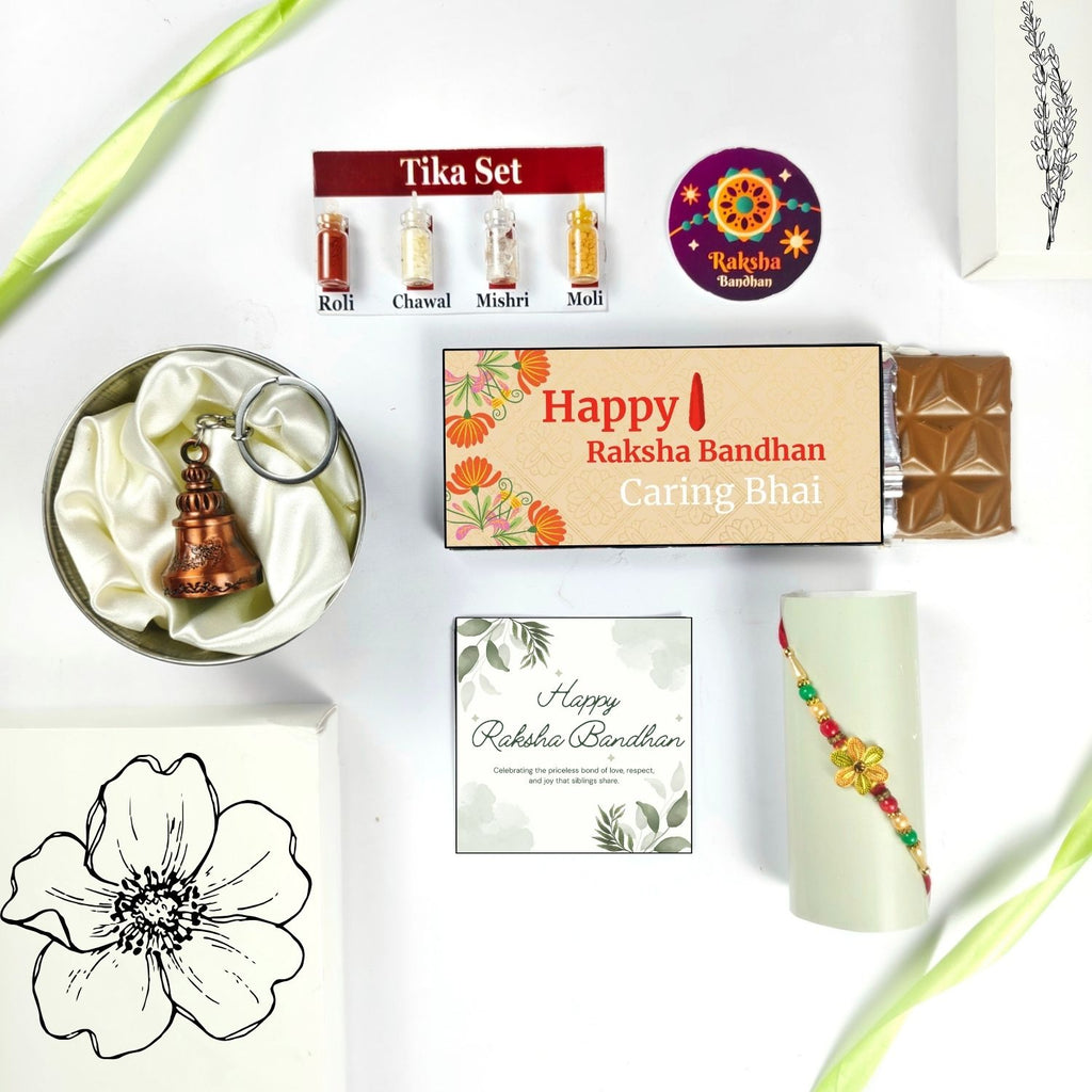 Best Rakhi Chocolate Gift For Bhai With Rakhi, Tika Set, Guardian Bell, Greeting Card And Caring Bhai Theme 35G Chocolate Bar |Unique Rakhi Theme Hamper For Bhai