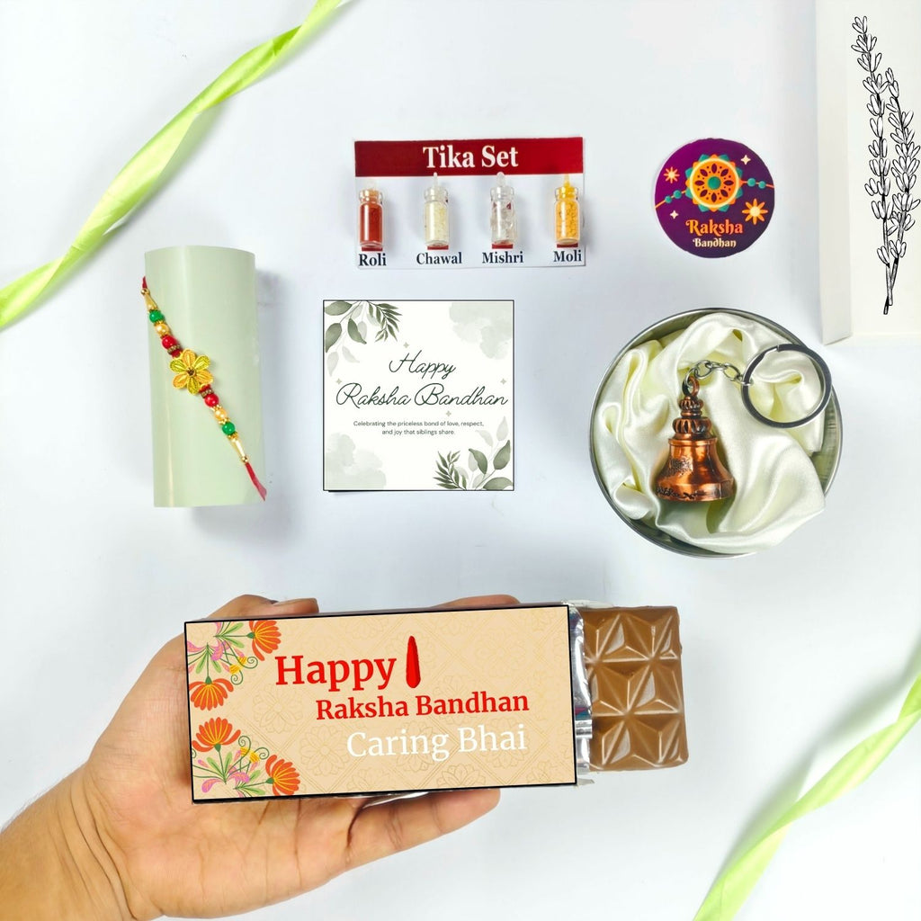 Best Rakhi Chocolate Gift For Bhai With Rakhi, Tika Set, Guardian Bell, Greeting Card And Caring Bhai Theme 35G Chocolate Bar |Unique Rakhi Theme Hamper For Bhai