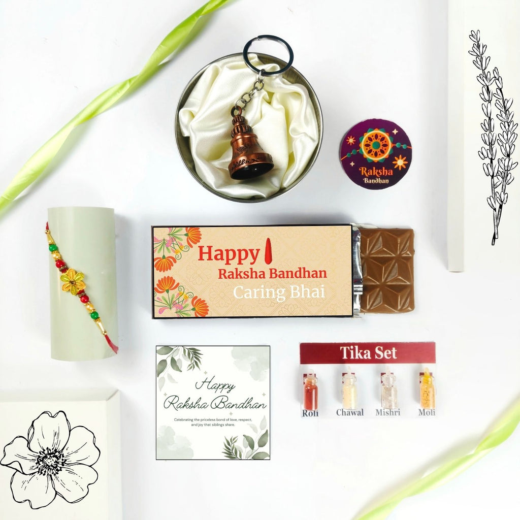 Best Rakhi Chocolate Gift For Bhai With Rakhi, Tika Set, Guardian Bell, Greeting Card And Caring Bhai Theme 35G Chocolate Bar |Unique Rakhi Theme Hamper For Bhai