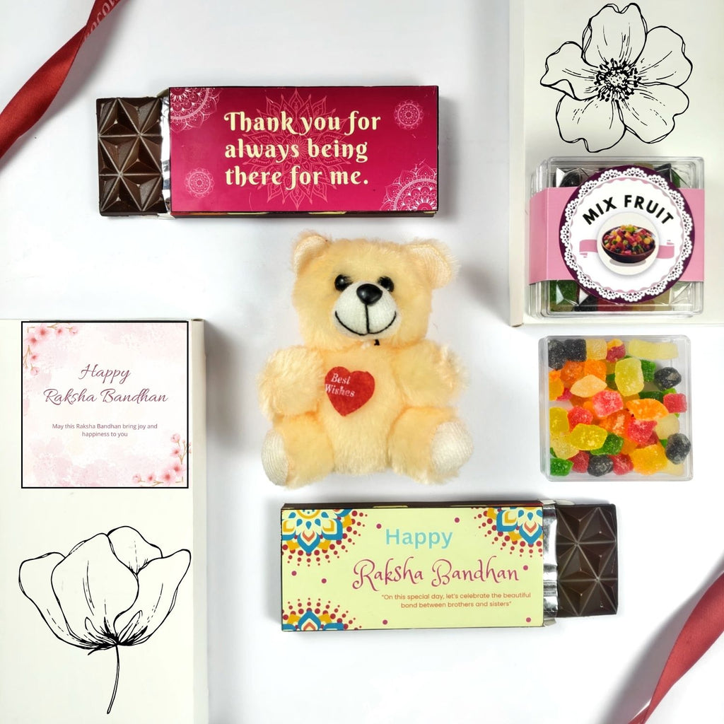 Unique Rakhi Gift Hamper For Sister With 2X 35G Chocolate Bar, Teddy , 50G Mix Fruit And Greeting Card | Best Rakshabandhan Gift For Sister